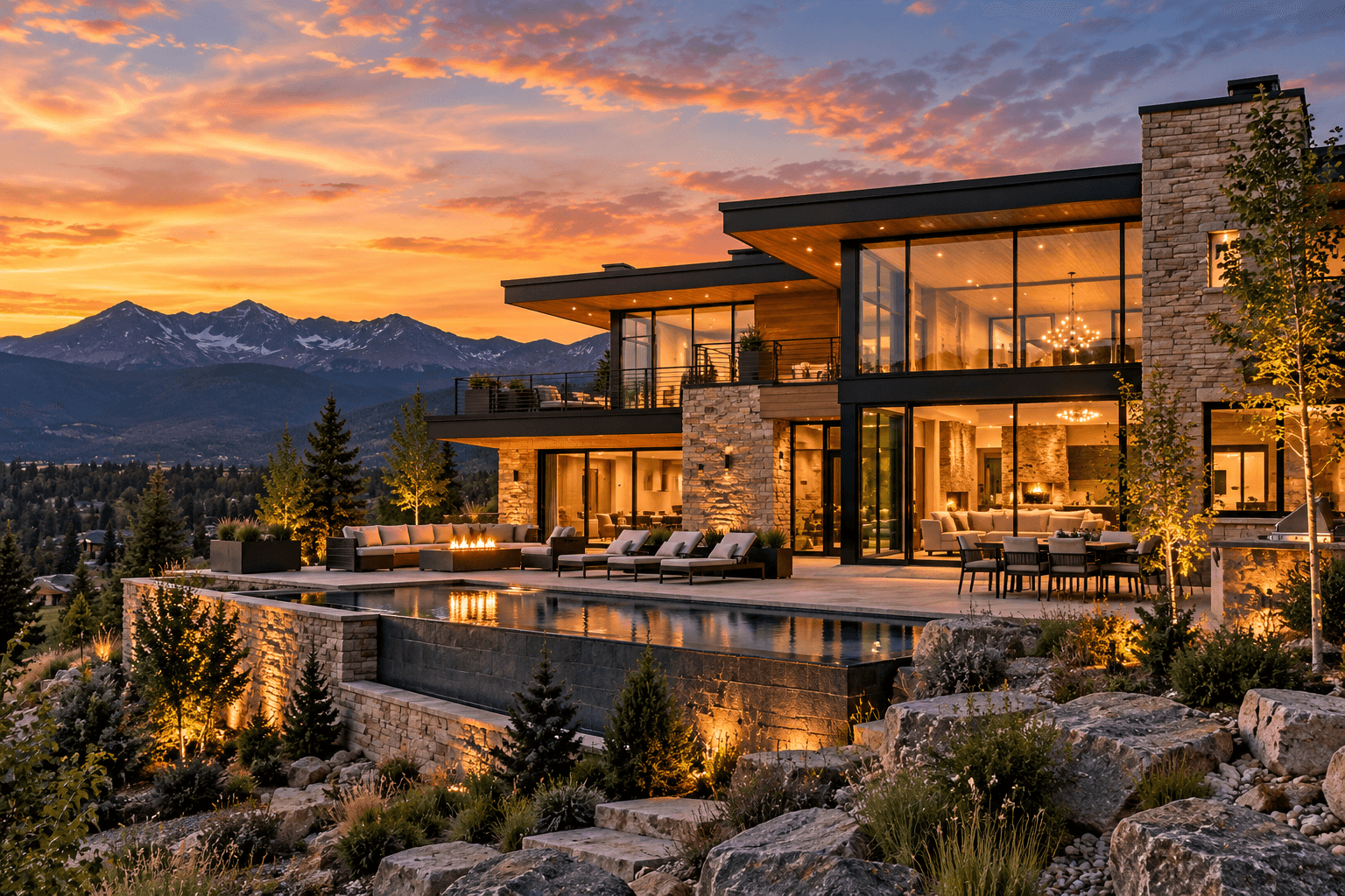 A luxury Colorado mountain home at sunset