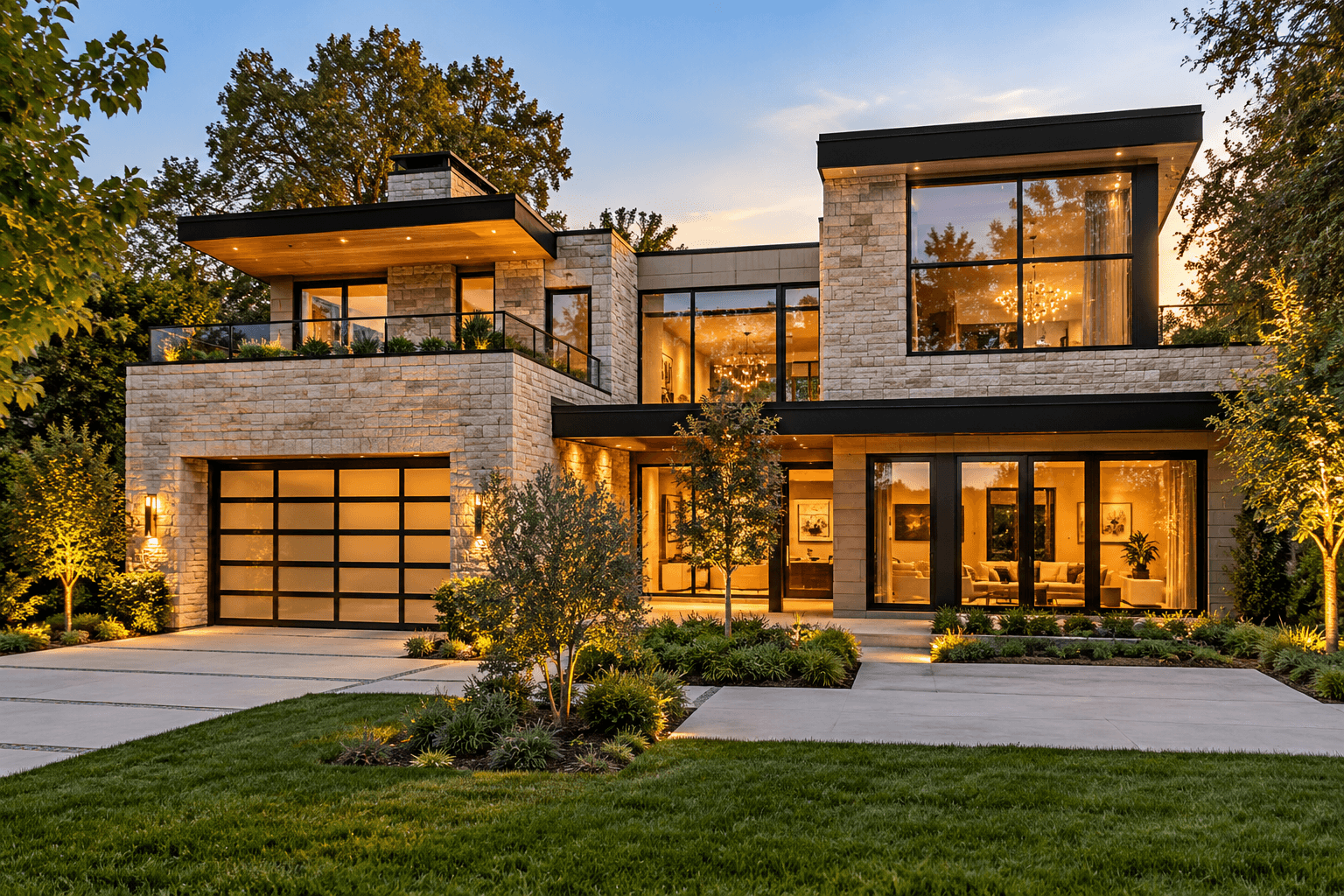 A modern Colorado home with landscaped grounds at sunset
