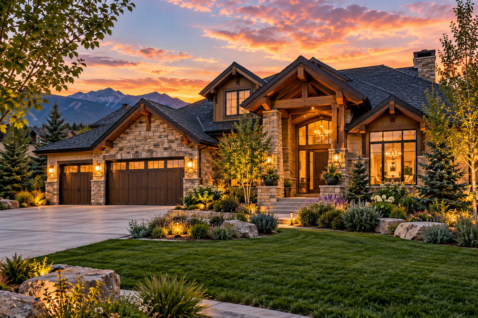 A mountain home in Colorado with landscaped grounds at sunset